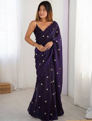 purple embellished beads and stones saree with scallop border 2