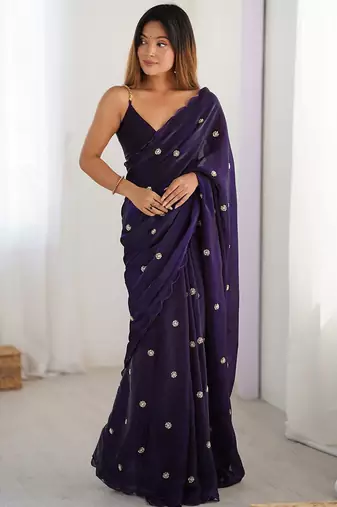 purple embellished beads and stones saree with scallop border