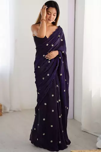purple embellished beads and stones saree with scallop border