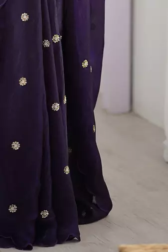 purple embellished beads and stones saree with scallop border