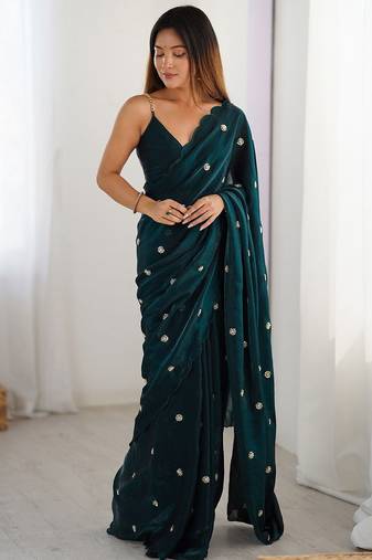 teal embellished satin saree with blouse piece