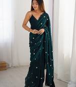 teal embellished satin saree with blouse piece