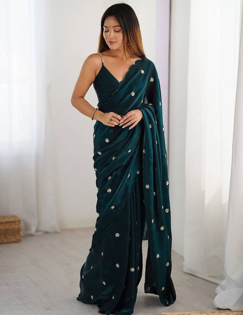 teal embellished satin saree with blouse piece