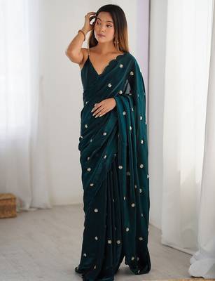 teal embellished satin saree with blouse piece 2