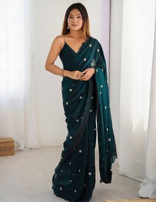 teal embellished satin saree with blouse piece 3