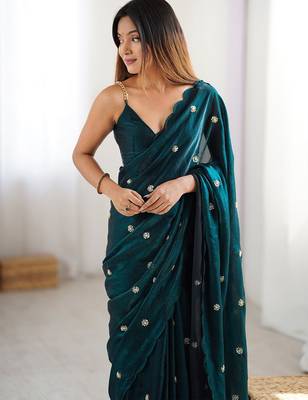 teal embellished satin saree with blouse piece 4