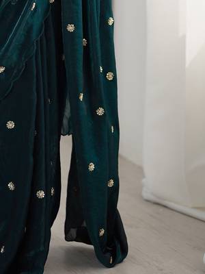 teal embellished satin saree with blouse piece 5