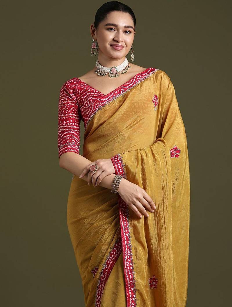 Mustard embellished sequinned tissue saree