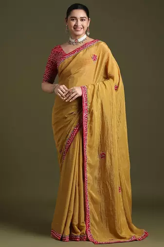 Mustard embellished sequinned tissue saree
