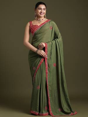 Green floral embroidered sequinned tissue saree with matching blouse 3
