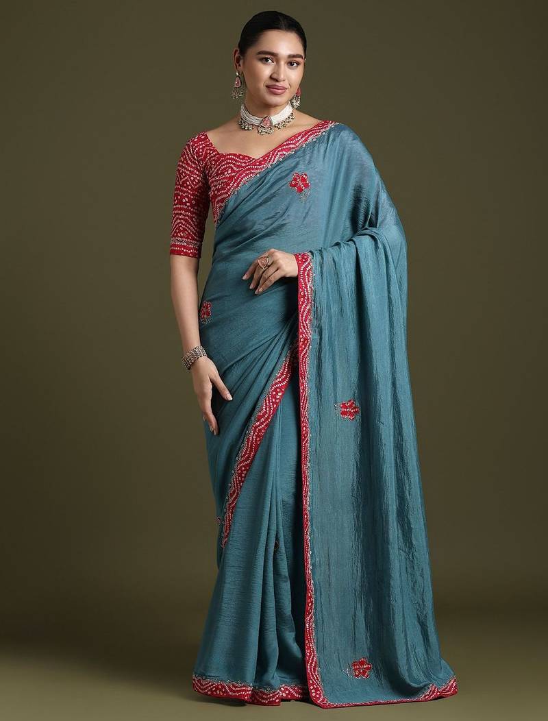 Blue bandhani printed saree with matching blouse
