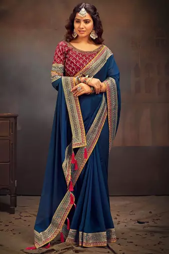 Teal embroidered party saree