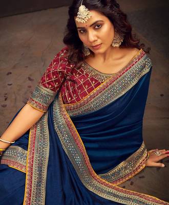 Teal embroidered party saree 2
