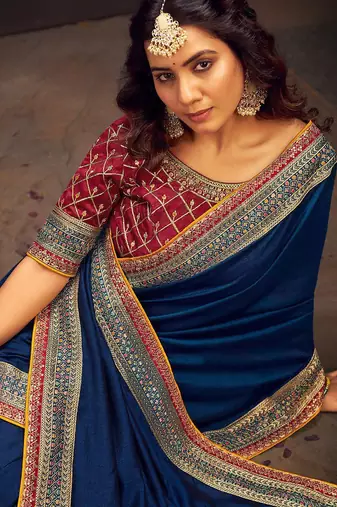Teal embroidered party saree