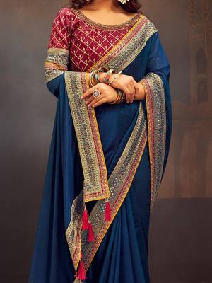 Teal embroidered party saree 3