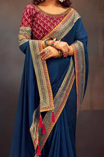 Teal embroidered party saree