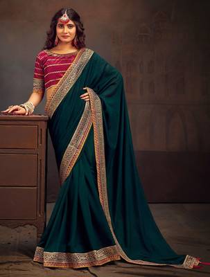 Teal embroidered party saree 1