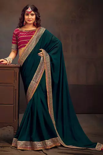 Teal embroidered party saree