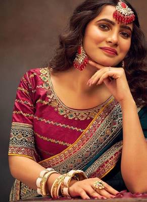 Teal embroidered party saree 2