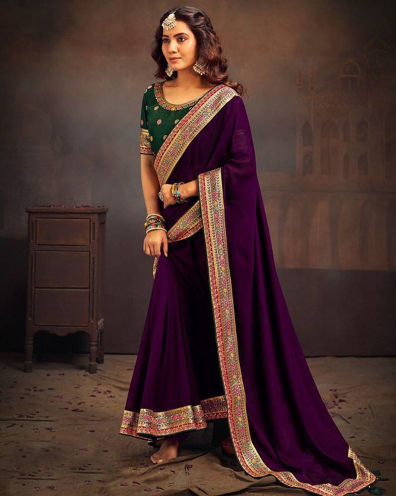 Purple embroidered party saree