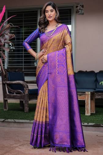 blue ethnic motifs zari kanjeevaram silk blend saree