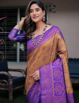 blue ethnic motifs zari kanjeevaram silk blend saree 3