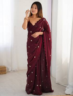 burgundy embellished sequinned satin designer saree 1