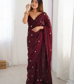 burgundy embellished sequinned satin designer saree