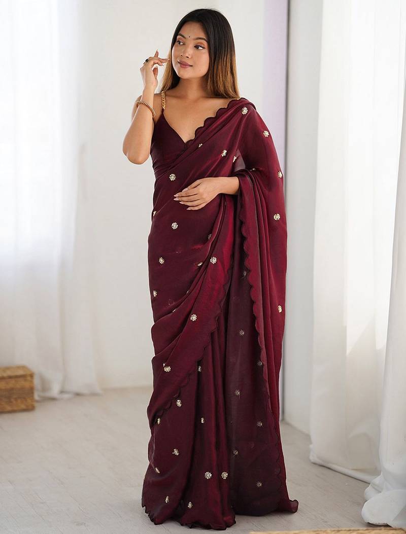 burgundy embellished sequinned satin designer saree