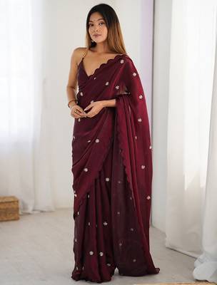 burgundy embellished sequinned satin designer saree 2
