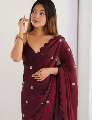 burgundy embellished sequinned satin designer saree 3