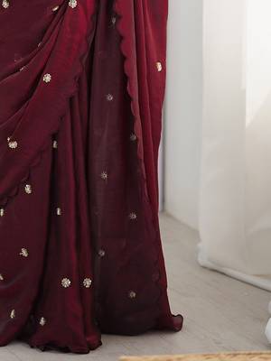 burgundy embellished sequinned satin designer saree 4