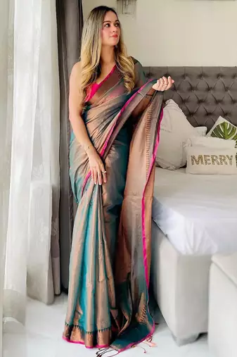 Teal teal woven design tissue sarees