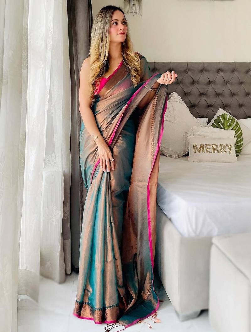 Teal teal woven design tissue sarees