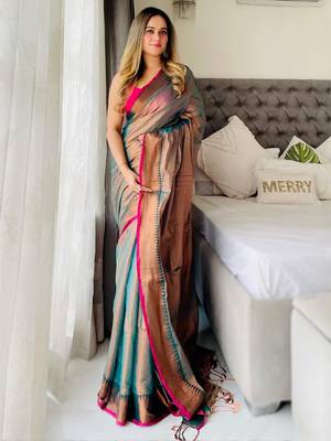 Teal teal woven design tissue sarees 2