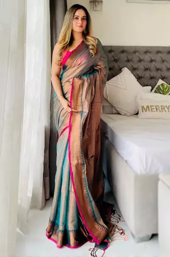 Teal teal woven design tissue sarees