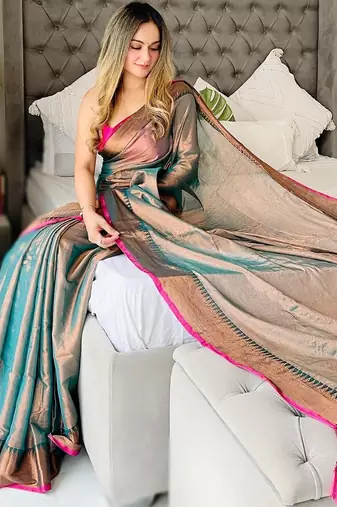 Teal teal woven design tissue sarees