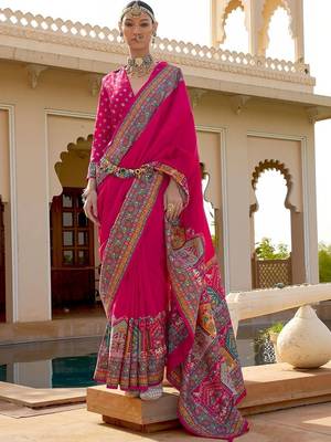 Pink kalamkari silk blend designer patola saree 1