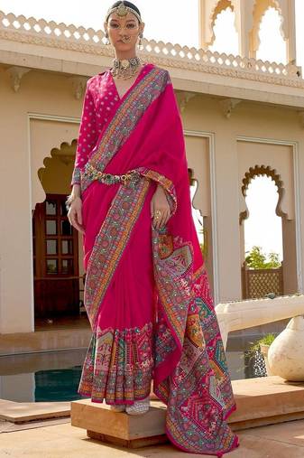 Pink kalamkari silk blend designer patola saree