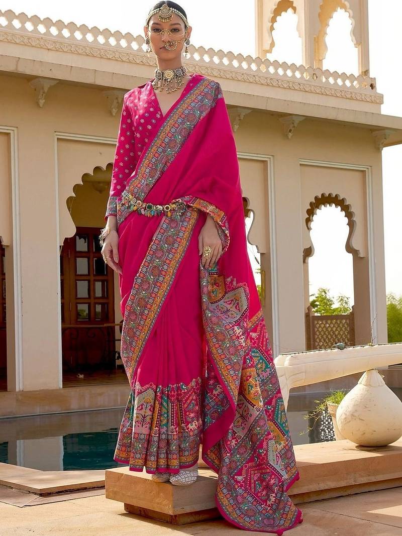 Pink kalamkari silk blend designer patola saree