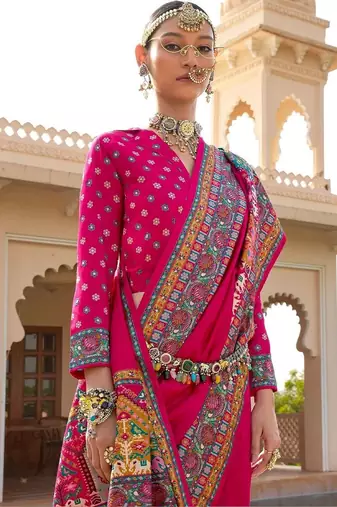 Pink kalamkari silk blend designer patola saree