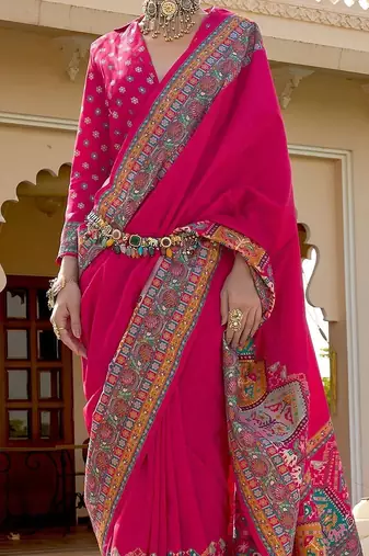 Pink kalamkari silk blend designer patola saree