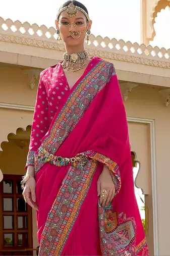 Pink kalamkari silk blend designer patola saree