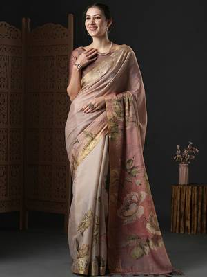 Brown floral printed zari detail saree 1