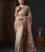 Brown floral printed zari detail saree