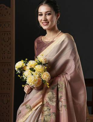 Brown floral printed zari detail saree 4