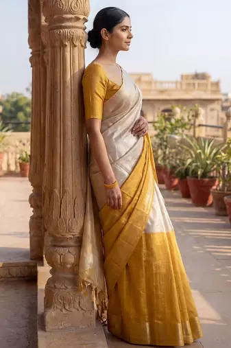 Off white woven design tissue kasavu saree