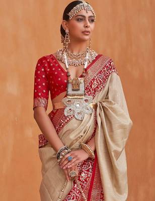 Cream cream-coloured & red woven design zari silk blend patola saree 2