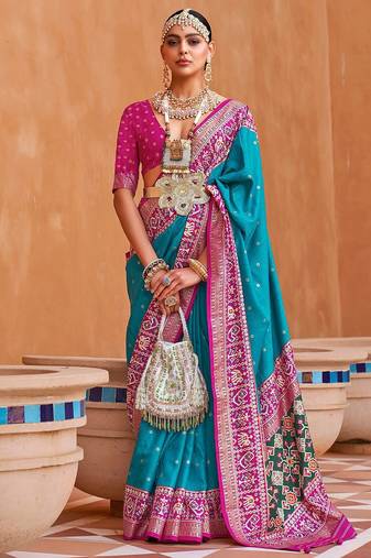 Blue polka dots woven design zari patola saree