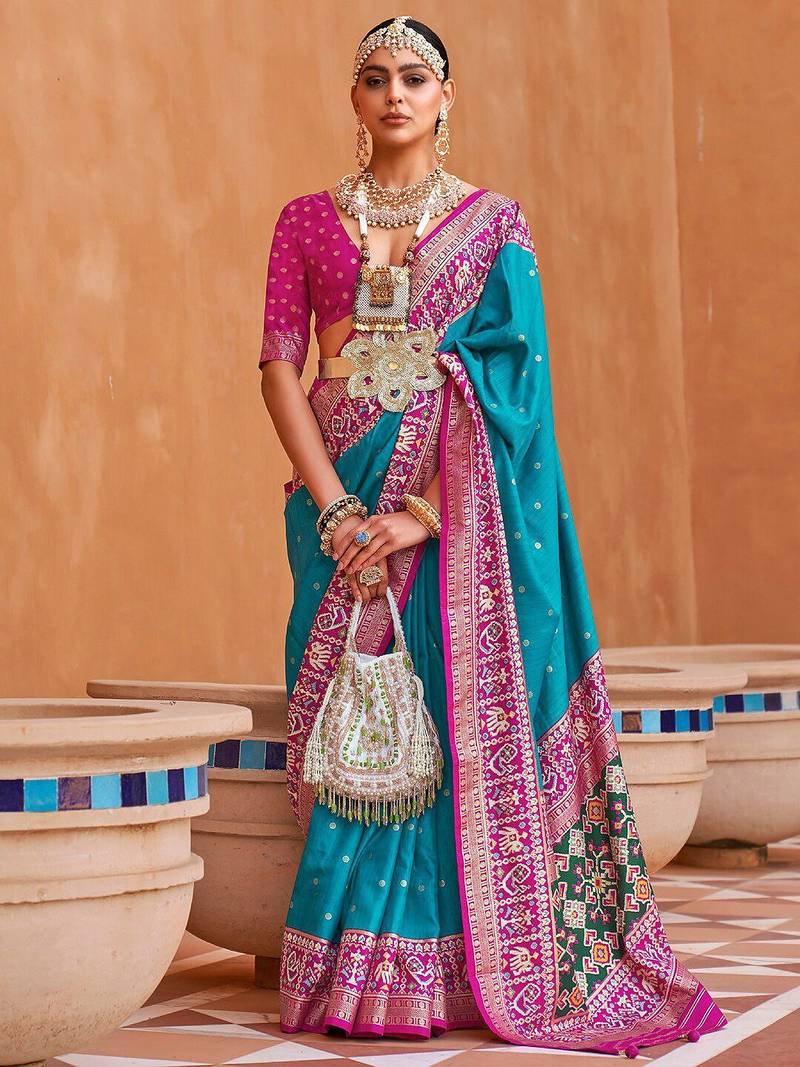 Blue polka dots woven design zari patola saree